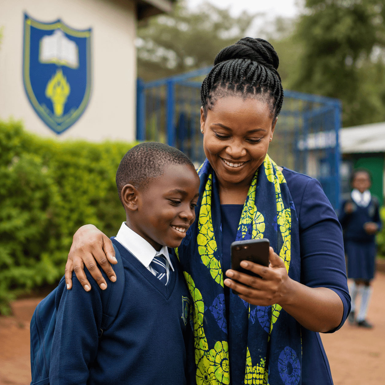 A parent and child celebrating a school milestone supported by a delivered transfer